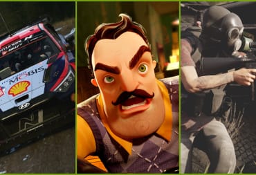 Shots of characters or elements from EA Sports WRC, Hello Neighbor 2, and Insurgency: Sandstorm, representing layoffs at Codemasters, tinyBuild, and New World Interactive