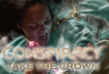 Conspiracy Take the Crown key art featuring a woman driving a strange dagger into an undead-looking king