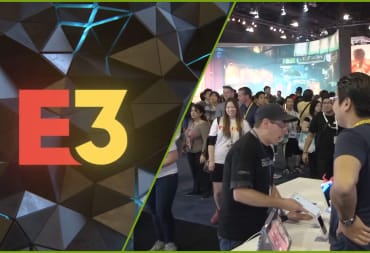 A split image showing the E3 logo and a shot of people at the 2015 convention