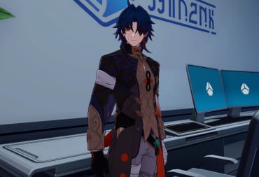 Blade standing in front of a desk with two computer monitors on it in Honkai: Star Rail version 1.6