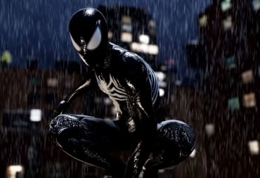Spider-Man atop a perch in the rain in Insomniac Games' Spider-Man 2