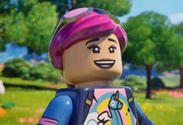 A character in the Lego Fortnite collaboration looking happy in a rural field