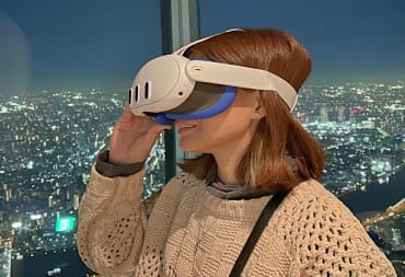 A woman is shown using the Meta Quest 3 VR headset, with the Tokyo skyline in the background.