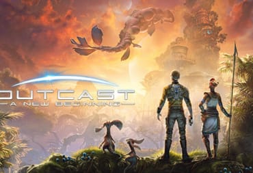 Outcast a New BEginning key art showing two characters and two animals standing on a tree branch overlooking a vast woodland kingdom