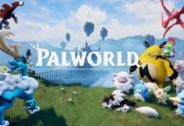 Palworld Key Art showing a fantasy world filled with colorful creatures standing on a cliff that overlooks a castle on a lake