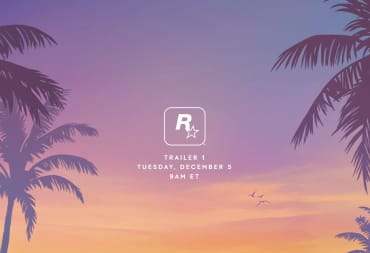 The Rockstar logo above an announcement of the time and date for the first Grand Theft Auto 6 trailer, flanked by palm trees