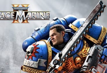 Space Marine 2 Key Art showing a man clad in bulky blue armor carrying a chain sword and a very large blaster weapon 