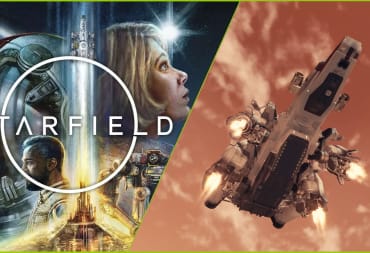 Starfield art, logo, and a starship in game