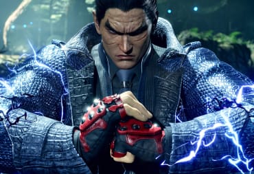 Kazuya Mishima punching his hand and crackling with electricity in Tekken 8