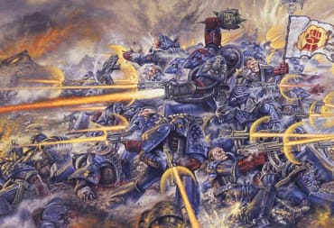 Classic artwork from Warhammer 40k, showing a group of Space Marines pinned down in a firefight.