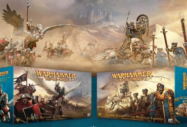 Promotional artwork of the Warhammer: The Old World core boxes featuring the Kingdom of Bretonnia and the Tomb Kings of Khemri.
