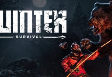 Winter Survival Key Art showing a person in a red coat fighting off a bear using a spear with the title in the negative space to the left