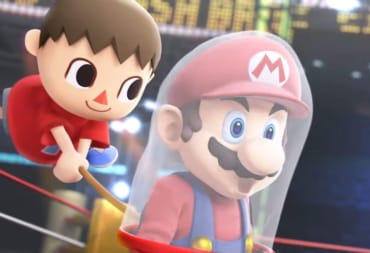 Villager catching Mario in his net in the Nintendo 3DS and Wii U game Super Smash Bros.