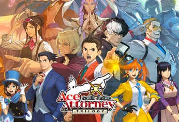 Apollo Justice Ace Attorney Trilogy key art showing various wacky anime style characters standing and facing towards the screen