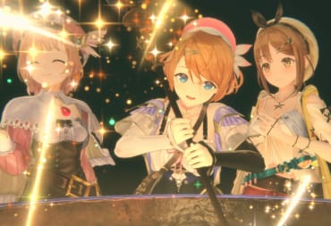 Three characters stirring something in a giant cauldron in Atelier Resleriana