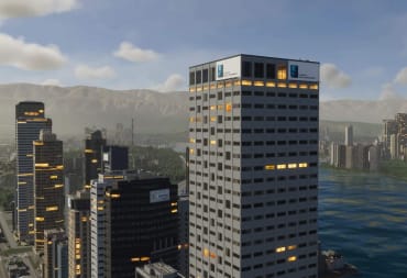 A cityscape framed by skyscrapers, one of which bears a logo for Lehto Electronics, in Cities: Skylines 2