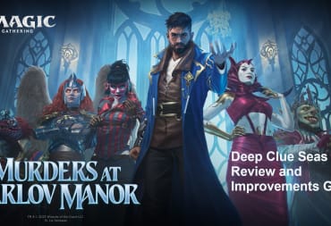 Murders at Karlov Manor key art featuring Detective Proft in front, with the words 'Deep Clue Sea Review and Improvements Guide" wrtten