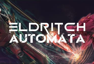 The title for the game Eldritch Automata, a giant robot with a sword fighting a giant grotesque monster that appears to be made out of human limbs.