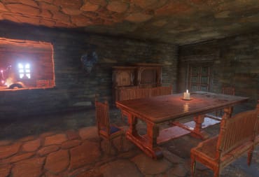 Enshrouded Building and Comfort Guide - Cover Image Table and Cabinets Inside of a Stone House