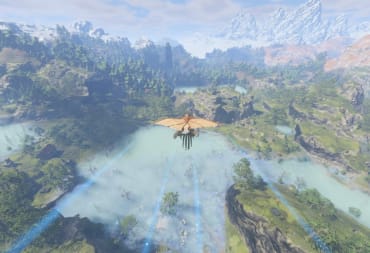 Image of a Character in Enshrouded Gliding over the Revelwoods With A Ghost Glider