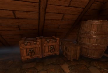 Enshrouded Storage Guide - Cover Image Chests Crates and a Barrel in the Attic of a Stone Building