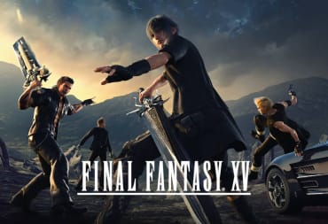 The four characters of Final Fantasy XV in action poses against a wasteland-style backdrop