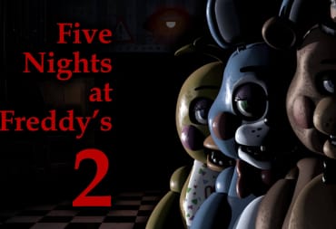 Three Five Nights at Freddy's 2 mascots in shadow with the game's name displayed to their left