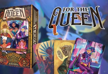 For The Queen box art, logo, and three cards set to a background of card art