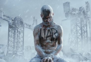 A body in the middle of a frozen wasteland with the word "LIAR" daubed on its chest in Frostpunk 2 artwork