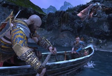 Kratos and Atrues can be seen in a boat with Jörmungandr behind them