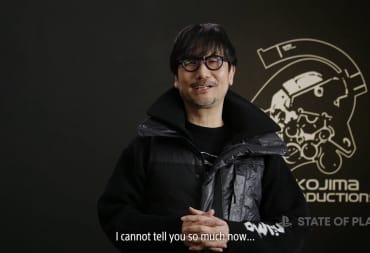 Hideo Kojima, with the captioned text 'I cannot tell you so much now" below him, standing in front of a Kojima productions logo