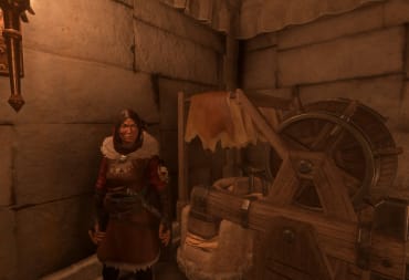 How to Get a Backpack in Enshrouded - Hunter Standing Next to a Tanning Station at Night in a Stone Building