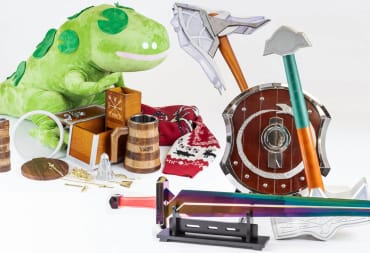 A collection of Valheim merchandise, including to-scale weapons, plushies, and dice, courtesy of Heroic Replicas