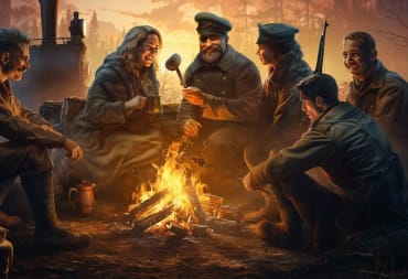 A group of soldiers and civilians gathered around a fire and sharing tales in the Last Train Home Legion Tales DLC