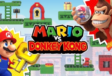 Mario vs Donkey Kong key art featuring a mustachioed man holding  a key facing off against a giant gorilla wearing a tie 