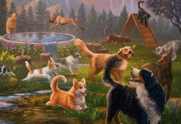 Artwork of a bunch of dogs playing in a park as seen in the MTG Cats and Dogs deck.
