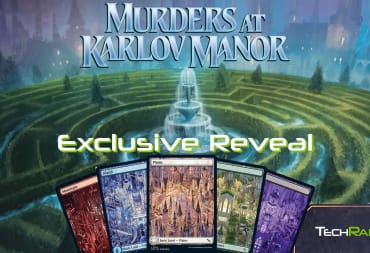 Murders at Karlov Manor over the hedge maze at the Karlov Manor, with the words Exclusive Reveal in the middle, and five of the full art impossible basic lands teasing the reveals to come in the article.