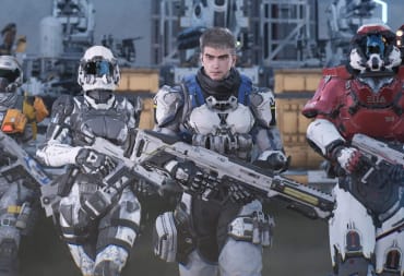 Four characters wearing futuristic armor and wielding guns in the FPS base-building hybrid Outpost: Infinity Siege