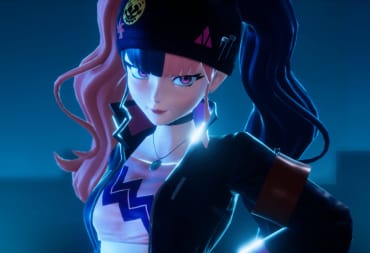 A close-up of Zoe, a female character with pink and black hair, in Palworld