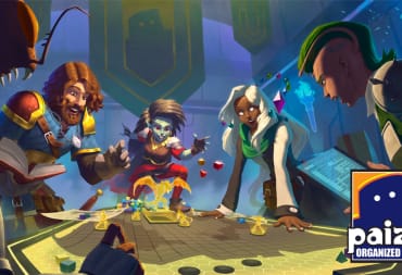 Promotional image from Pathfinder Organized Play, showing a group of younger adventurers around a table rolling dice and cheering.