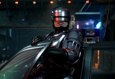 RoboCop holding the door of a car open and looking at the camera in RoboCop: Rogue City