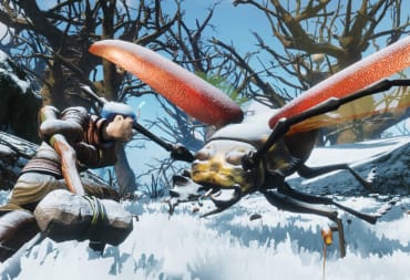 A character swinging an improvised melee weapon at a bug in the snow in Smalland: Survive the Wilds