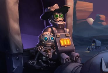 A paternal robot and a childlike robot sitting side by side in the Thunderful game SteamWorld Build