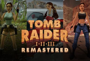 Tomb Raider 1 - 3 Remastered Key art featuring a collage of different images of the same female character with brown hair carrying weapons in exotic locations