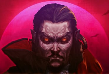 A vampire looking moody against the backdrop of a red moon in artwork for Vampire Survivors
