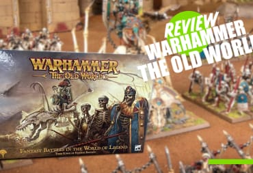 An image depicting Warhammer: The Old World game box set against a backdrop of models from the box.