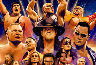 A host of WWE wrestling legends, including Undertaker, The Rock, and Stone Cold Steve Austin, on the cover of WWE 2K24