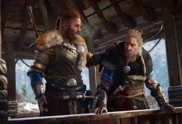 Two characters standing on a wooden balcony in Assassin's Creed Valhalla