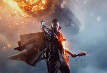 A character pointing a pistol at the screen in Battlefield 1