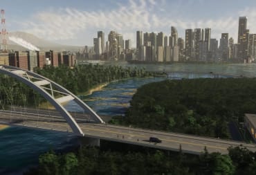A side-on view of a city with a bridge in the foreground in Cities: Skylines 2